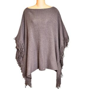 Chico's Gray Fringe Women's Sweater Poncho Cape Sparkle Sequence - One Size